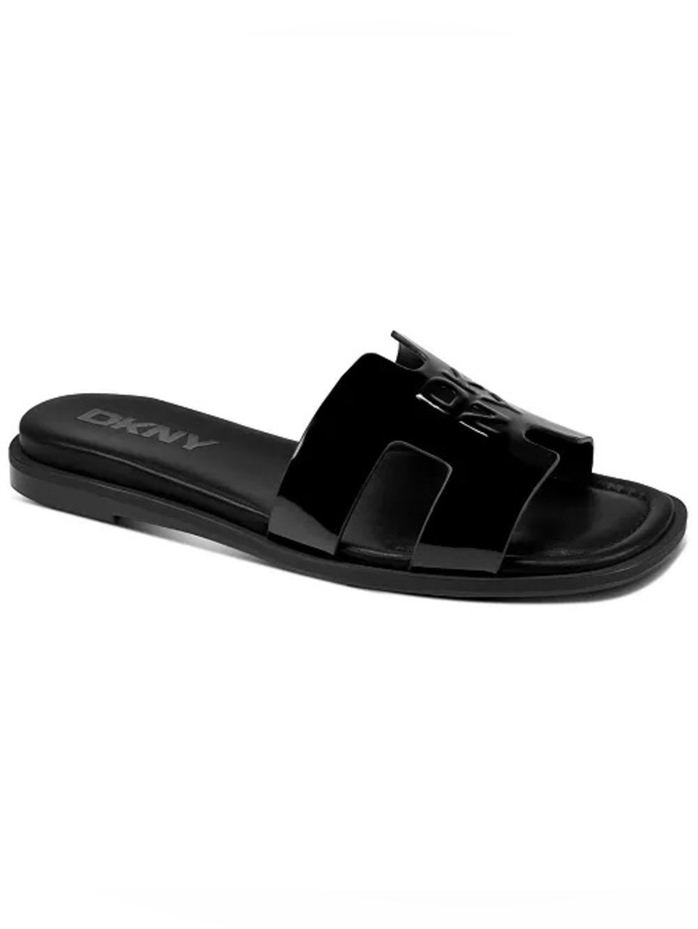DKNY Black Patent Slide Sandals with Logo Cutout Columba